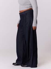 MUSERA 加大码深色水洗高腰阔腿宽松牛仔裤，休闲可爱，适合夏季度假、休闲旅行、优雅集体办公穿着，日常时尚百搭。 - 藍色 - 查看 3