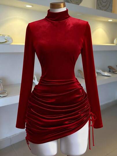 Franclia Women's Elegant Party Dress, Velvet Drawstring Bodycon Mini High Neck Dress For Outing