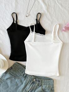 SHEIN 2件装女童基本款简约舒适休闲蕾丝边V领褶皱吊带背心，黑白两色，弹力针织面料，法式蕾丝芭蕾舞风格 - 黑與白 - 查看 3