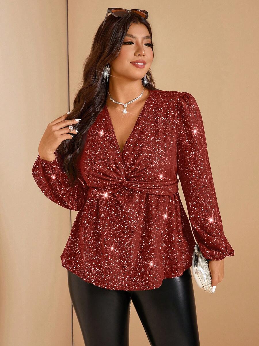 SHEIN LUNE 大码女式仿亮片串珠V领扭结设计上衣 - 紅色 - 查看 1