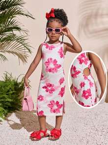 Young Girl Tropical Fashion Fuchsia Round Neck Waist Cutout A-Line Dress - Multicolor - View 6