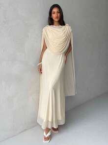 Aloruh 女士艺术纯色杏色露背缎带装饰3D花卉网纱飘逸垂褶领口修身美人鱼连衣裙 - 杏色 - 查看 7