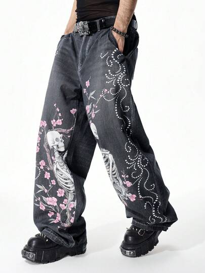 Street Life Men's Digital Print Skull & Sakura Flower Samurai Sword Graphic Jeans