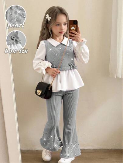 Conjunto de camisa casual para niñas, diseño de lazo en gris claro, tela de punto acanalada con cuentas, blusa de manga larga con cuello y volantes en blanco, combinada con pantalones acampanados de color caqui con perlas, conjunto de 2 piezas, adecuado para volver al colegio, casual, moda, dulce, cómodo, viajes al aire libre