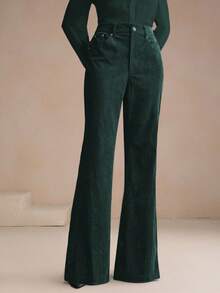 Anewsta 女士灯芯绒长裤，铆钉口袋设计，优雅商务休闲喇叭裤，适合秋冬季穿着 - 軍綠色 - 查看 5