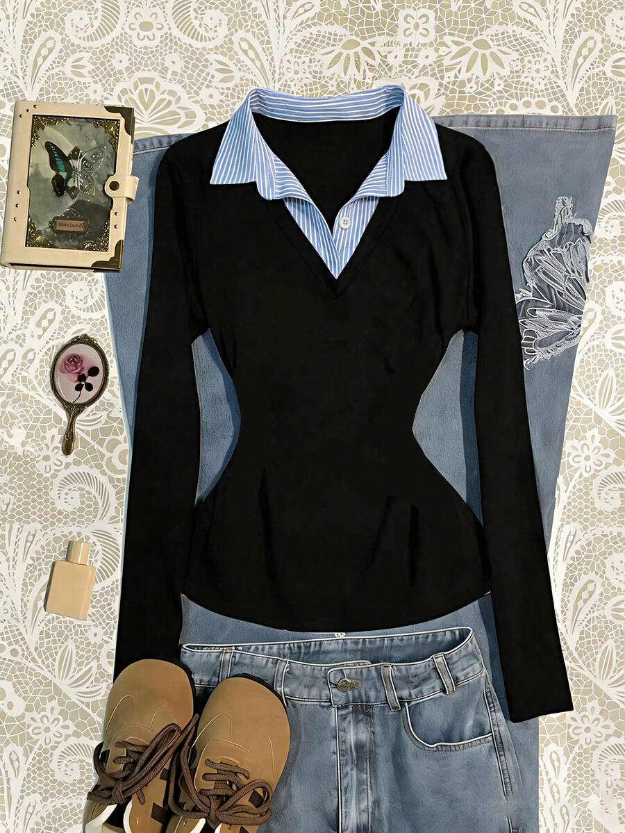 Glimmora Women's Casual Contrast Striped Waist Long Sleeve T-Shirt - Black - View 1