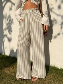 Chiquease Calça Casual Reta de Cintura Elástica com Listras Tecidas, Versátil para Trabalho e Uso Diário - Caqui - Visão 5