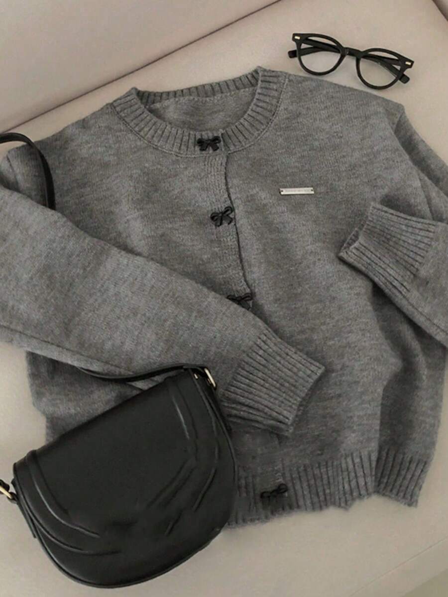 DAZY Teen Girl Bow Collar Long Sleeve Casual Knit Cardigan