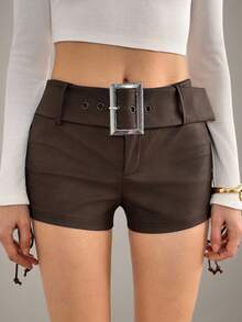 SHEIN Tall Pantalones cortos de mujer con detalle de ojales y amarre lateral en la cintura, color chocolate - Marrón - Ver 5