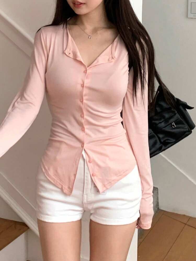 Women's Slim Fit Crew Neck Long Sleeve T-Shirt, Minimalist Style Spring