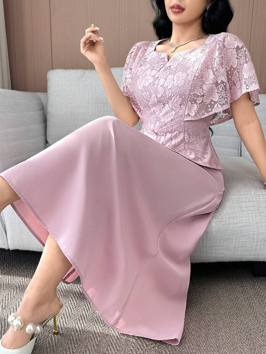 Feyla 女士花卉蕾丝蝙蝠袖上衣和半裙优雅两件套 粉色两件套 夏季度假装 女士情人节优雅两件套 派对沙滩装 适合各种场合 浪漫两件套，领口饰有蕾丝花边