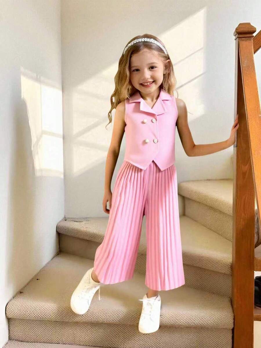 SHEIN Elladie kids 两件套少女优雅红色无袖西装背心和阔腿裤套装，正式通勤装，时尚精致 - 粉色 - 查看 1