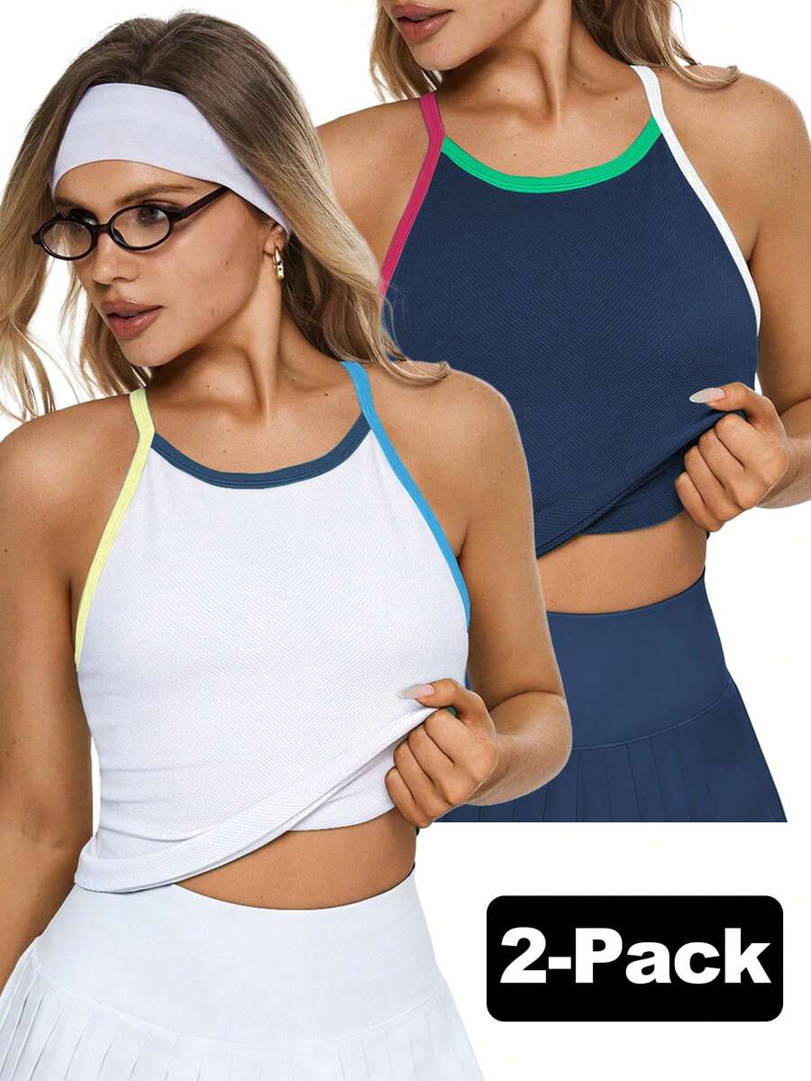 Eassivo Eassivo 2-Pack Of Women's Seamless Contrast Binding Fitted Sports Camisole With Chest Pads - Multicolor - View 1