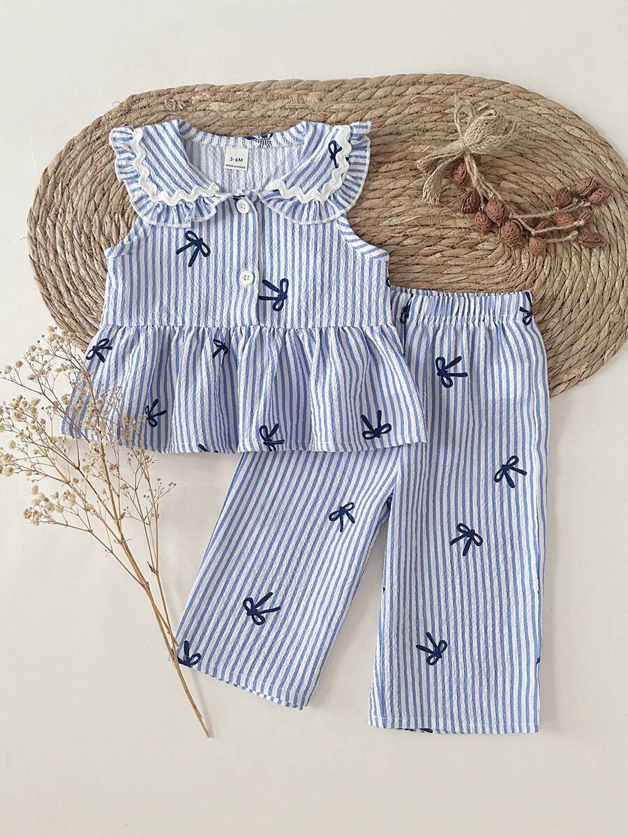 SHEIN 2 Pieces Baby Girl Cute Stylish Navy Neck Sleeveless Top And Pants Set, Preppy Style Spring And Summer Wear. - Baby Blue - View 1