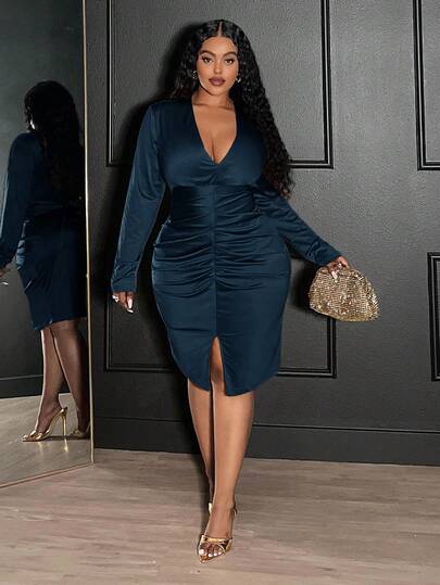 Veslaya 2025 New Elegant/Sexy/Romantic/Party Women's Ruched V-Neck Bodycon Long Sleeve Dress, Plus Size, Suitable For Dates/Parties