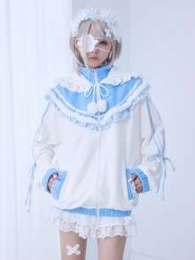 ROMWE EDITION Áo sweatshirt nữ dễ thương phối màu viền ren hình tai gấu 2D - Màu xanh lam - Xem 2