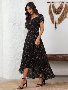 EMERY ROSE 女士碎花甜心领短袖连衣裙 - 黑色 - 查看 4