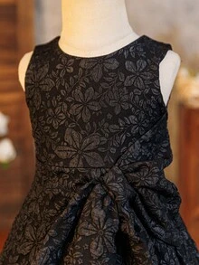 Glamorique Kids 女婴提花蝴蝶结装饰连衣裙，适合春、夏、秋季穿着，也适合派对、日常穿着和节日穿着。 - 黑色 - 查看 7