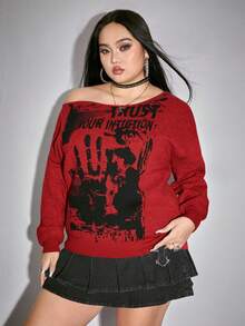 ROMWE Grunge Punk 大码女式骷髅扎染印花宽松不对称领复古音乐节派对毛衣