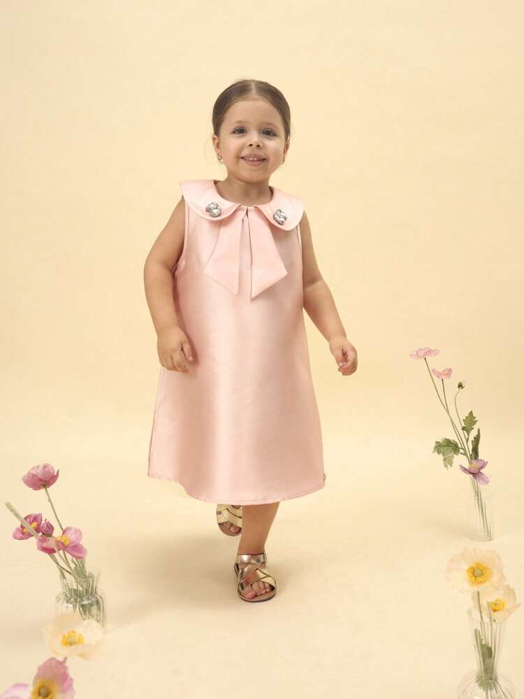 Collared Satin Dress With Rhinestones