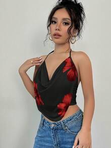 Firerie Modisches, elegantes, sexy Damen Top mit Blumenprint und tiefem Ausschnitt aus Mesh, geeignet für Sommer Urlaubsmode und Outfits - Bordeaux - Übersicht 7