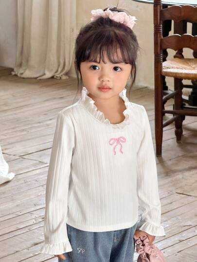 Zikori Little Byeori Young Girls' Casual Ruffle Collar Embroidered Long Sleeve T-Shirt