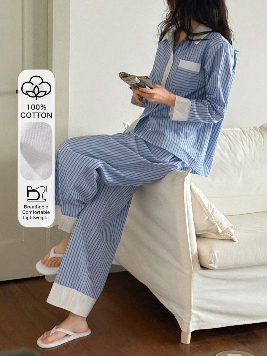 DAZY Contrast Color Striped Fabric Shirt Style Women Pajama Set - Blue - View 1
