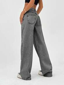 EURMUSE 100% Cotton WOMEN DENIM WIDE LEG LOW WAIST BAGGY JEANS VINTAGE - Light Grey - View 2