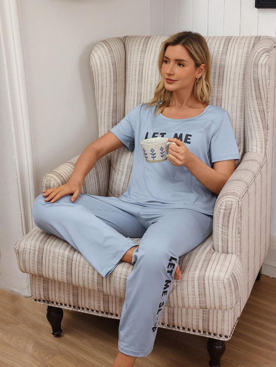 Doze Lane Conjunto de ropa casual de pantalón y camiseta de manga corta con estampado de letras - Neblina azul - Ver 1