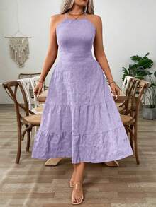 SHEIN Clasi Plus Size Purple Halter Midi Dress Sleeveless With Ruffle Hem And Tiered Design Casual Woven Fabric - Purple - View 5