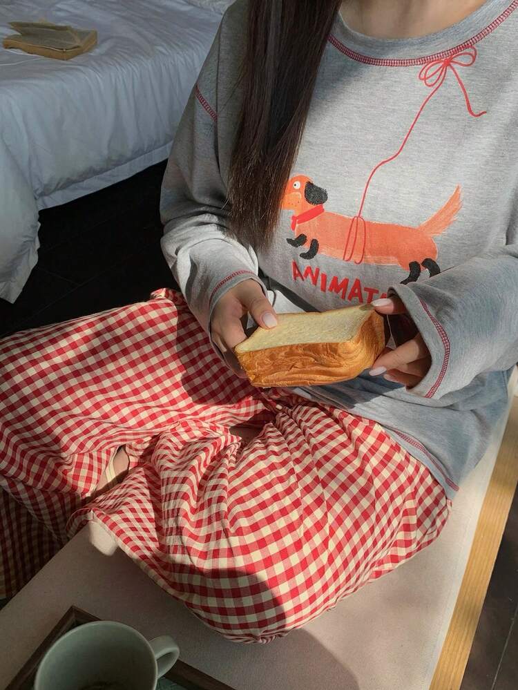 Dazy Plus Plus Size Women Cute Dog Print Loose Long Sleeve Top And Plaid Straight Leg Pants Pajama Set, Spring/Summer/Autumn