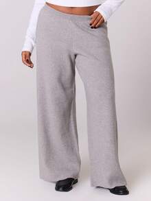 MUSERA Plus Solid Wide Leg Knit Pants - Grey - View 2