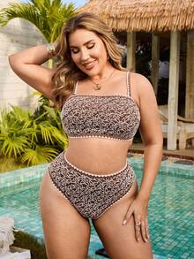 Swim Lushoire New Plus Size Women Crochet Lace Jacquard Special Fabric Printed Bikini Set With Adjustable Shoulder Straps, Bandeau Top And High Waist Bottoms, Swimsuit - Coffee Brown - View 4