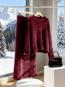 GlowEve 女士优雅毛衣和人造皮草半身裙套装，秋冬款 - 紅色 - 查看 5