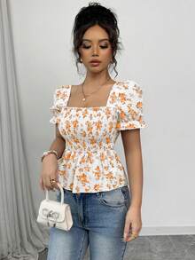 Elenzga Women's Floral Print Puff Sleeve Shirred Casual Blouse - Yellow - View 3