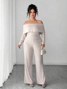 Elenzga Plus Size Autumn/Winter New Off-Shoulder Unique Slimming Top + Knitted Fashion Pants Set