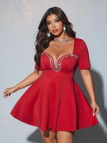 Viva Relle Plus Size Sexy Elegant Pearl Rhinestone Embellished Brick Red Dress - Red - View 5
