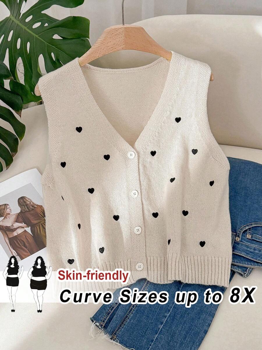SHEIN CURVE+ 加大码女式爱心针织无袖开衫 /情人节/大码女式爱心针织无袖开衫，时尚休闲/情人节 - 米色 - 查看 1