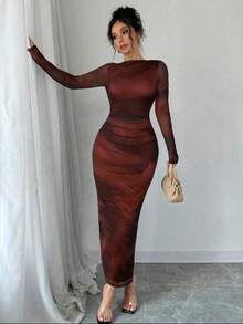 Firerie 女士优雅长袖扎染印花褶皱连衣裙，扎染印花长袖修身优雅连衣裙，不对称领长袖优雅约会连衣裙，网纱弹力面料 - 酒紅色 - 查看 6