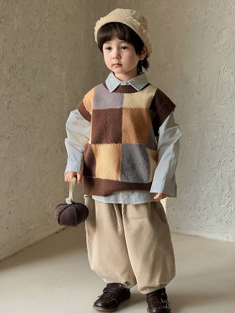 Young Boys Loose Fit Plaid Knit Sweater, Casual Style For Fall Vest
