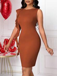 Lyxana Women's Ruffle Sleeve Fitted Elegant Ruffle Hem Short Dress, Valentine's Day Brown Bodycon Dress Brown Elegant Dress Women Rust Brown Dress Brown Sexy Dress - Coffee Brown - View 6