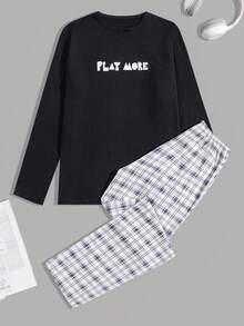 EURMUSE Cotton Men Letter And Plaid Printed Regular Longsleeve Homewear Set - Dark Grey - View 1