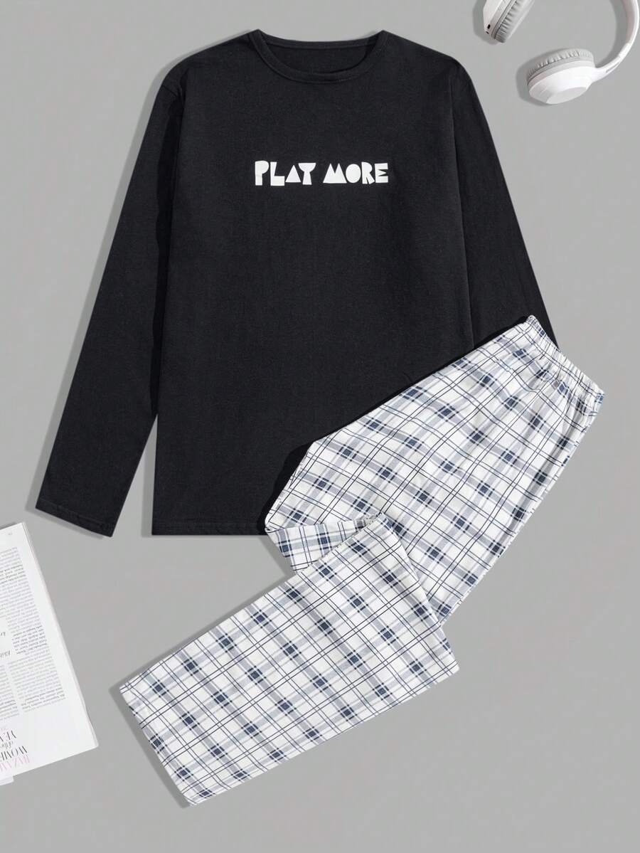 EURMUSE Cotton Men Letter And Plaid Printed Regular Longsleeve Homewear Set - Dark Grey - View 1