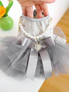 PETSIN 1 Piece Of Clothing For Cats/Dogs, Decorated With Pearl Necklace Dress, Spring And Summer Pet Gray Fluffy Gauze Skirt - Grey - View 5