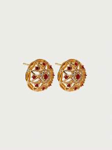 Glisma Brincos de Botão Femininos, Dinheiro Antigo, Looks, Elegante, Metálico/Textura, Elegante, Outono/Inverno, Premium, Para Mãe/Mulher/Menina/Mãe, Vintage, Ouro, Pedra Preciosa - Multicolorido - Visão 4