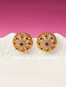 Glisma Brincos de Botão Femininos, Dinheiro Antigo, Looks, Elegante, Metálico/Textura, Elegante, Outono/Inverno, Premium, Para Mãe/Mulher/Menina/Mãe, Vintage, Ouro, Pedra Preciosa - Multicolorido - Visão 5