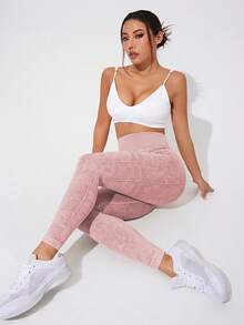 SHEIN Velisys 2条装女士砂洗黑莲藕粉色无缝弹力高腰塑形运动紧身裤 - 彩色 - 查看 5