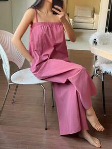 DAZY 纯色宽松阔腿连体裤，女士睡衣 - 玫紅色 - 查看 4