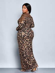 SOLERSUN 大码女式豹纹深V领蝙蝠袖褶皱开衩下摆性感时尚连衣裙，长款连衣裙，长袖腰包及臀部性感长裙，黑色咖啡色不规则渐变豹纹针织面料，前中高开衩，派对礼服，舞会礼服，婚礼宾客礼服，秋冬季，2026，新年 - 金色 - 查看 3