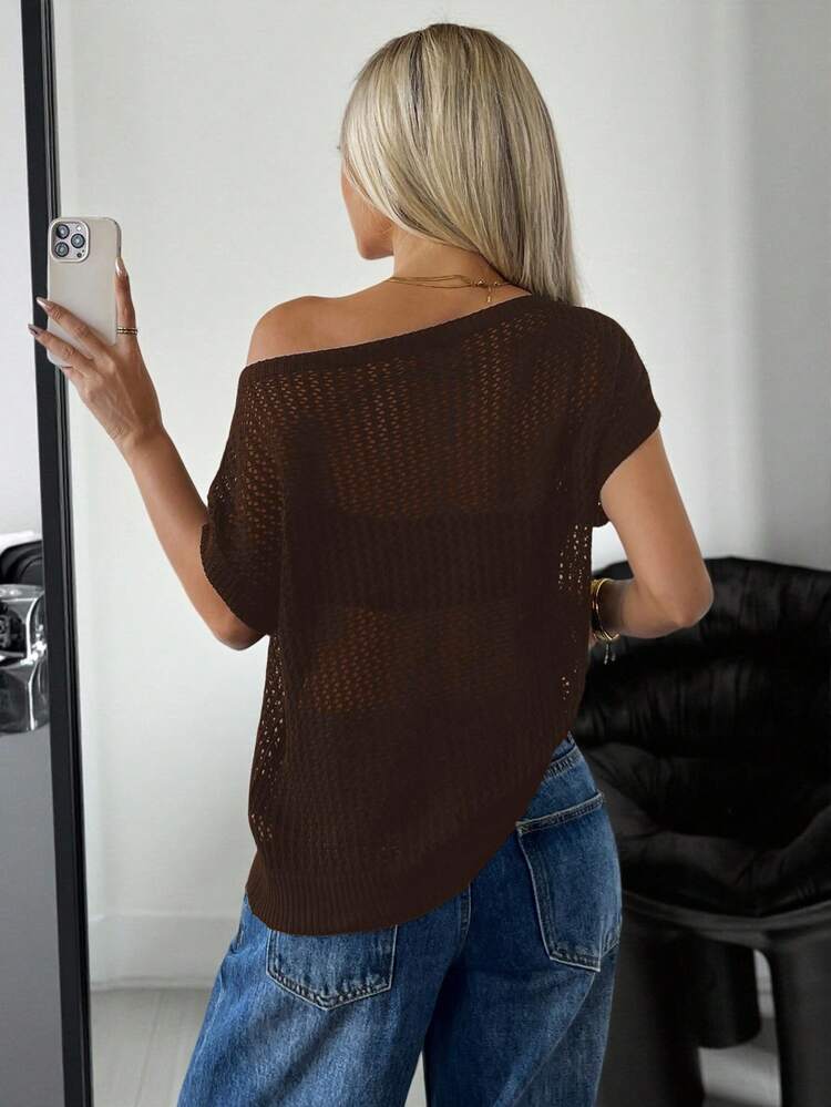 SHEIN EZwear Suéter de punto minimalista de unicolor con hombros oblicuos y hueco, para uso diario de mujer - Marrón - Añade 2